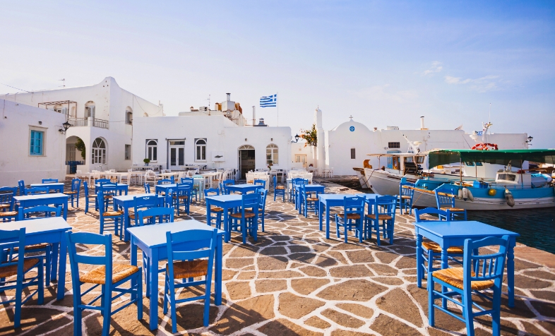 Parikia port in Paros with blue tables