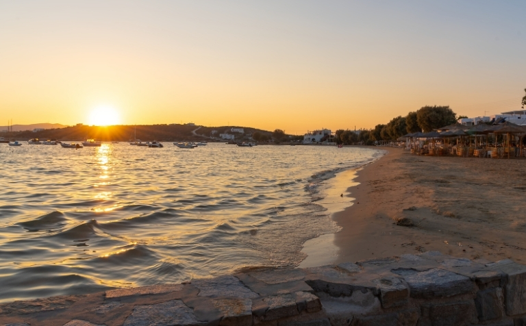 Alyki sunset in Paros, with tavernas